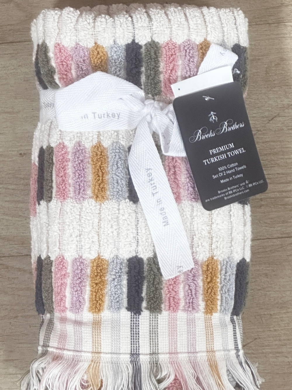 Brooks Brothers Striped Turkish Hand Towels 2-Set  in Cream with Pink,Gray